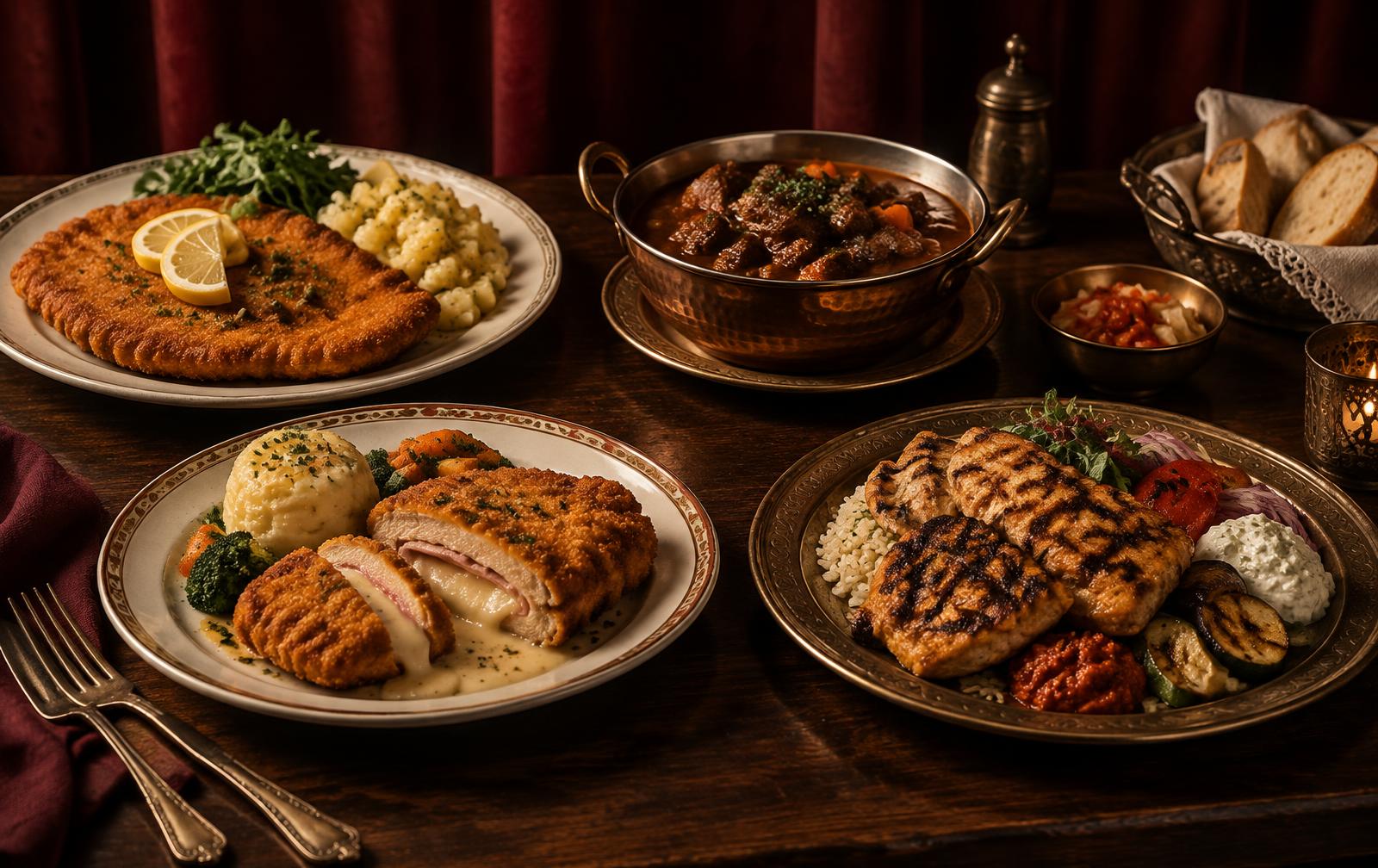 Schnitzel, goulash, cordon bleu and grilled chicken